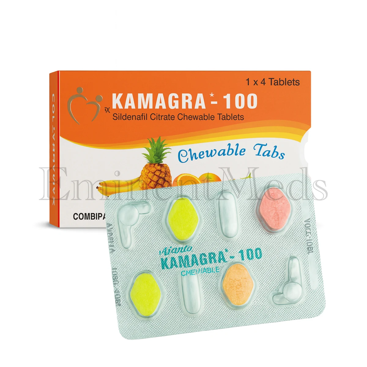 Kamagra 100 mg chewable sildenafil tablets used to help improve erectile function in men